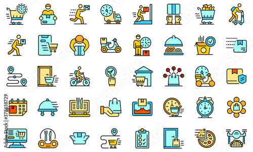 Home delivery icons set. Outline set of home delivery vector icons thin line color flat on white