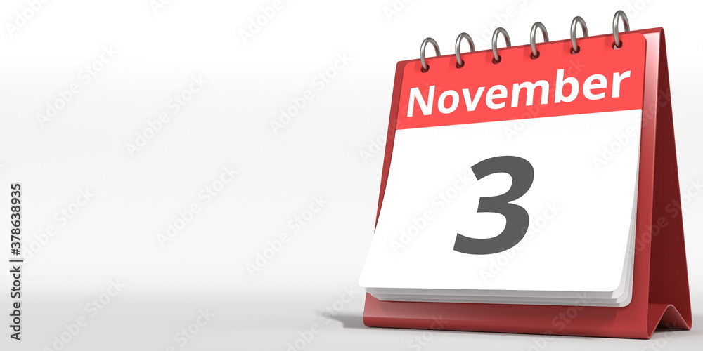 November 3 date on the flip calendar page, 3d rendering