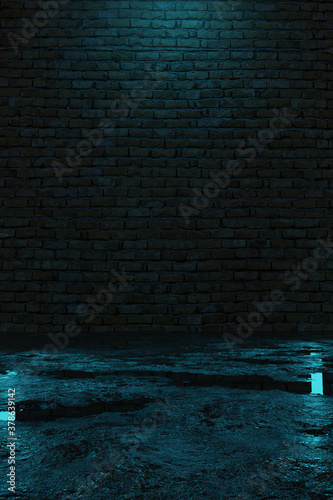 Valokuva 3d rendering of street asphalt with puddles at night