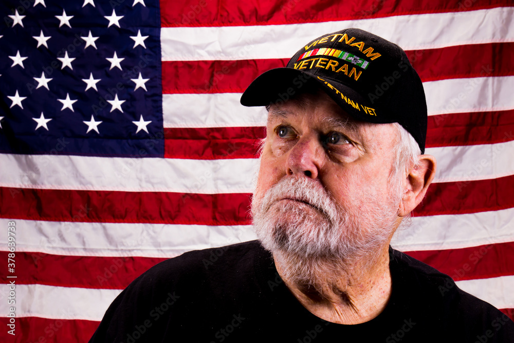 Vietnam Vet With Rough Beard Looking Up With American Flag Background Vietnam Vet With Rough Beard Looking Up With American Flag Background