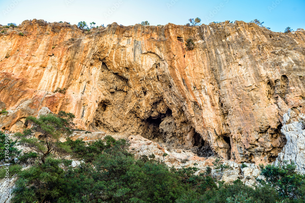Cliff of agiofarango gorge, summer sunny day.