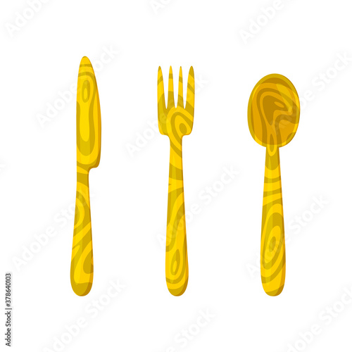 Wooden cultery. Ecological substitute for plastic cultery. Knife, fork and spoon made of wood. Isolated vector illustration in cartoon style