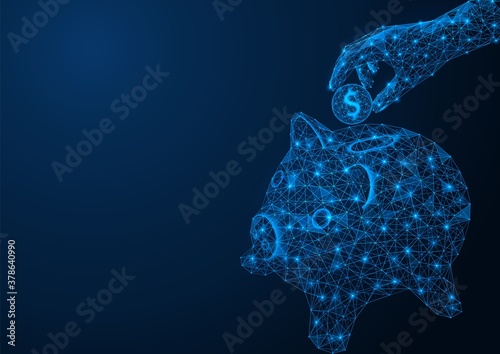 Hand puts a coin in the piggy Bank. Business concept of accumulative savings. Polygonal construction of concatenated lines and points. Blue background.