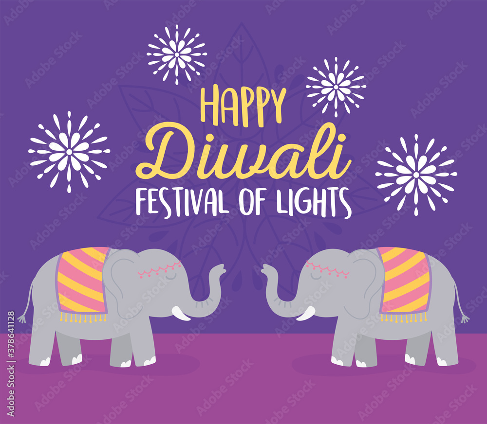 Fototapeta premium happy diwali festival, invitation card elephants flowers ceremony, vector design