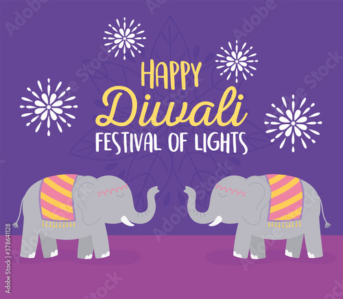 happy diwali festival, invitation card elephants flowers ceremony, vector design