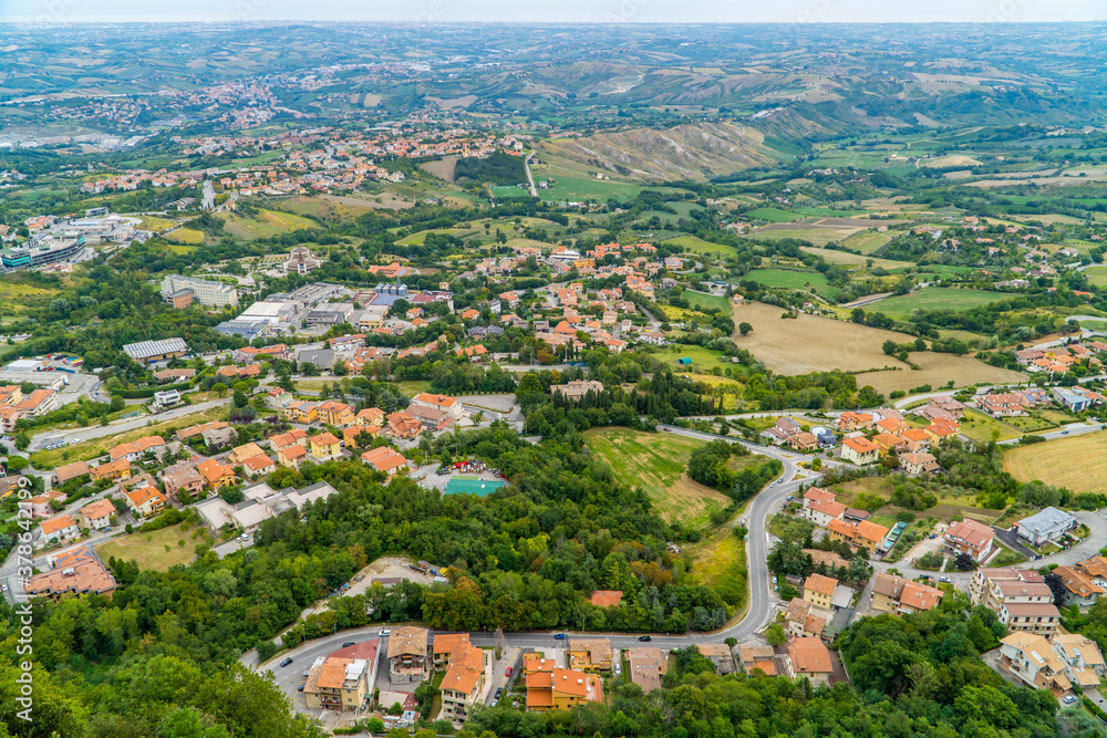 Panoramic view of streets, landscapes, and towns in San Marino