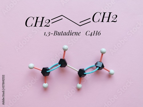Photos Structural chemical formula and molecular structure model of 1,3 - butadiene molecule