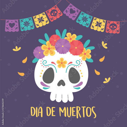 day of the dead, catrina skull flowers and bunting decoration, mexican celebration