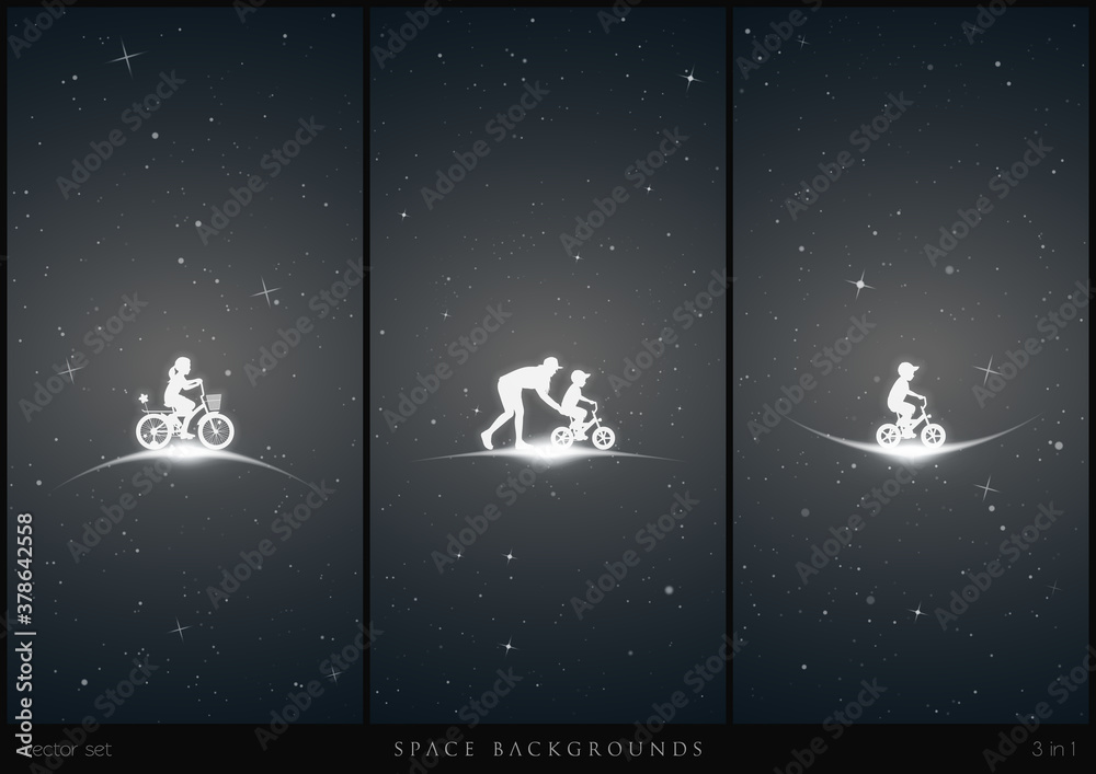 Naklejka premium Children on bikes in space. Mother with child white silhouettes. Woman teaching boy to ride bicycle. Black and white vertical backgrounds with stars and glowing outline. Vector illustration set