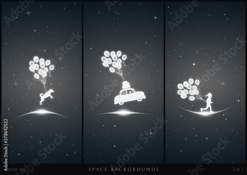 Girl with balloons, boy in car, flying dog. Abstract starry vector set