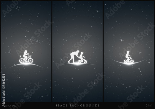 Children on bikes in space. Mother with child white silhouettes. Woman teaching boy to ride bicycle. Black and white vertical backgrounds with stars and glowing outline. Vector illustration set