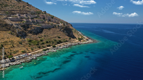 Aerial drone photo of beautiful small seaside village of Limeni with emerald clear sea, Mani Peninsula, Lakonia, Peloponnese, Greece