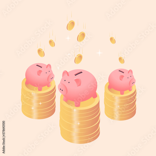 Three piggy banks or money boxes standing on coin stacks