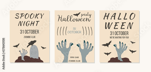 Set of invitation, poster, template, flyer for Halloween event. Zombie hand popping up from graveyard with tombstone and rowen. Collection of holiday creepy leaflet design. Vector illustration.