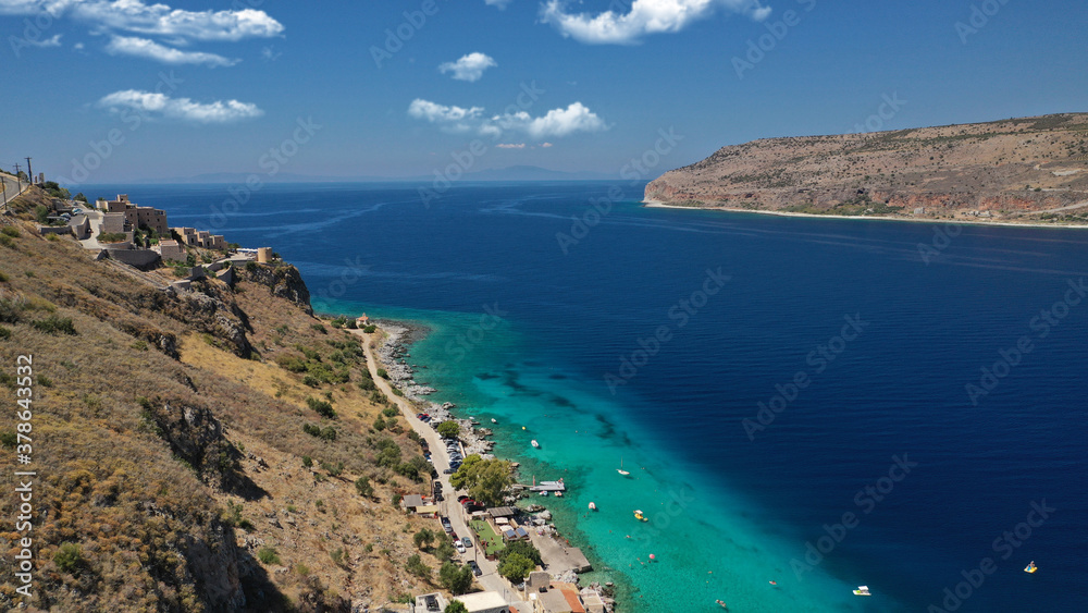 Aerial drone photo of beautiful small seaside village of Limeni with emerald clear sea, Mani Peninsula, Lakonia, Peloponnese, Greece