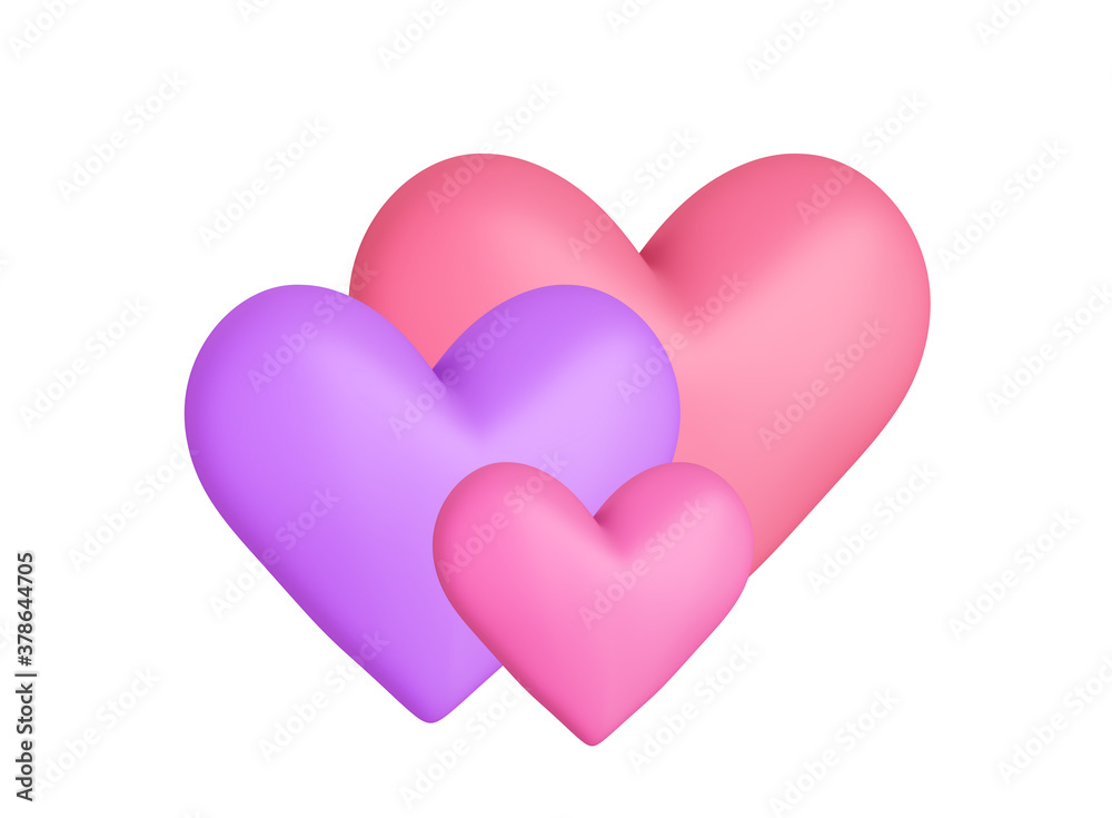three matte soft violet and pink hearts isolated on white. 3d illustration