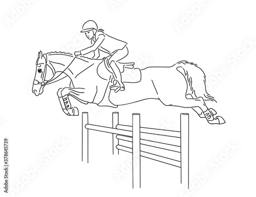Young female rider on pony jumping over hurdle on equestrian sport competition