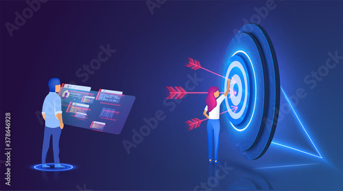 Big target with people, teamwork, people their goal, target achievement. Target with arrow in bullseye. Team of workers dealing with setting goals. Concept for web page, banner, presentation.