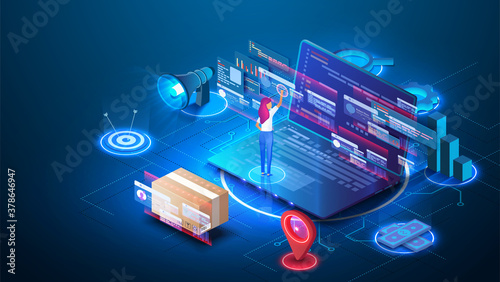 Software development and programming. Successful business woman. Online shopping concept with laptop website store. Free delivery, online buy, e-commerce shop logistic illustration.