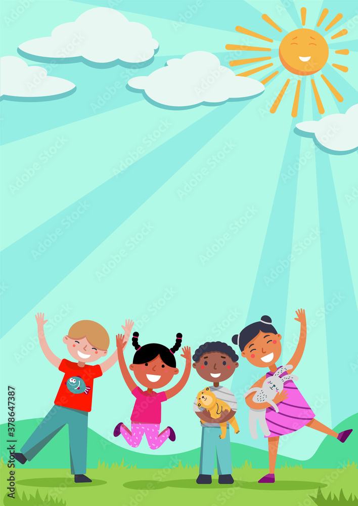Group of happy kids on summer meadow outdoors. Flat desidn Vector illustration Group of happy kids on summer meadow outdoors. Flat desidn Vector illustration