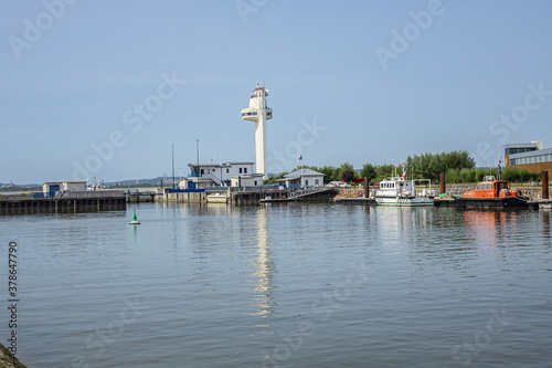 Honfleur port entrance and control tower. Honfleur, Normandy, France.