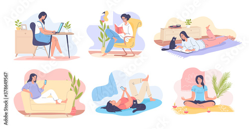 Young woman spending time at home vector cartoon illustration 