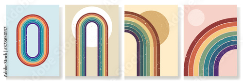 Vector illustration. Abstract poster set. Contemporary backgrounds. Colorful rainbow. Design elements for book cover, page template, print, card, brochure, magazine, poster. 60s, 70s retro graphic