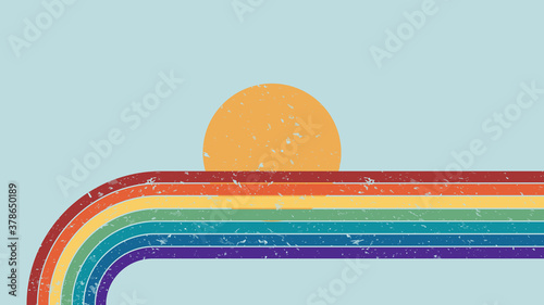 Vector illustration. Abstract background. Contemporary style. Colorful rainbow. Grunge texture. Panoramic wallpaper. Decorative art. Clear sky with sun. Geometric lines. 