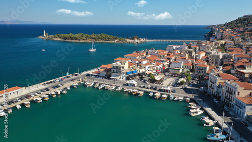 Aerial drone photo of picturesque small fishing village of Gytheio in South Peloponnese, Lakonia, Greece