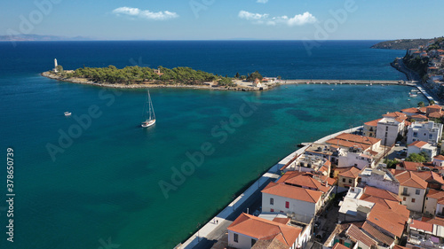 Aerial drone photo of famous small islet of Kranai known for old lighthouse and tower of Tzannetakis, Gytheio, Lakonia, Peloponnese, Greece