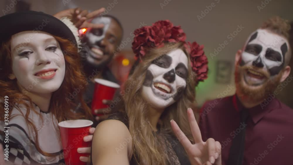 POV shot of happy young women and men in halloween costumes smiling and taking selfie at house party POV shot of happy young women and men in halloween costumes smiling and taking selfie at house party