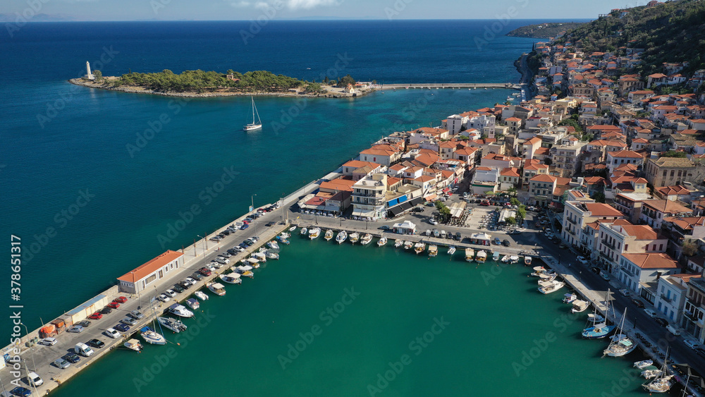 Aerial drone photo of picturesque small fishing village of Gytheio in South Peloponnese, Lakonia, Greece