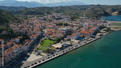Aerial drone photo of picturesque small fishing village of Gytheio in South Peloponnese, Lakonia, Greece © aerial-drone