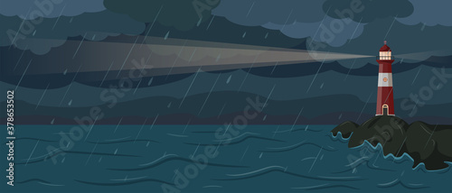 Seaside landscape with lighthouse in stormy night.  Faros on seashore. Navigational concept.  Hope symbol, expectation, solitude or goal concept. Vector flat illustration