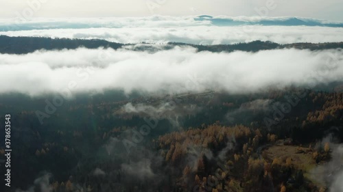 Wallpaper Mural Drone footage of clouds forming during sunrise in the valley and forest in southern Poland. Torontodigital.ca