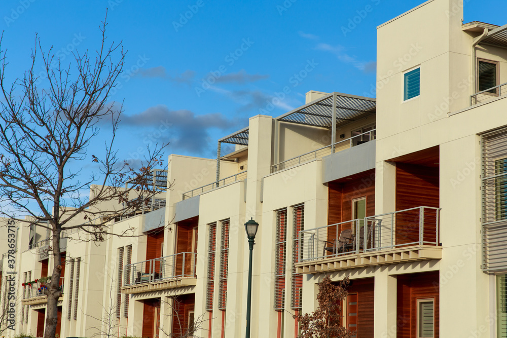 New construction of Row homes with balconies in the Mueller neighborhood of Austin Texas