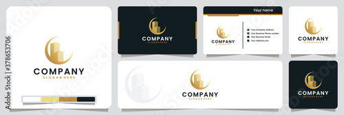 building, moon ,with gold color , logo design inspiration