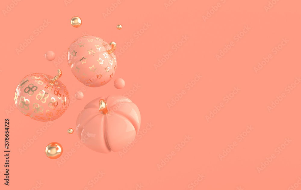3d render floating pumpkin on pastel colored background space. Minimal concept. Holiday decoration, golden an pink pumpkin for celebration halloween event template 3d render floating pumpkin on pastel colored background space. Minimal concept. Holiday decoration, golden an pink pumpkin for celebration halloween event template