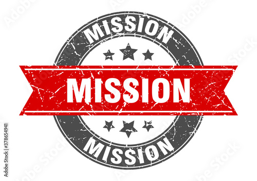 mission round stamp with ribbon. label sign