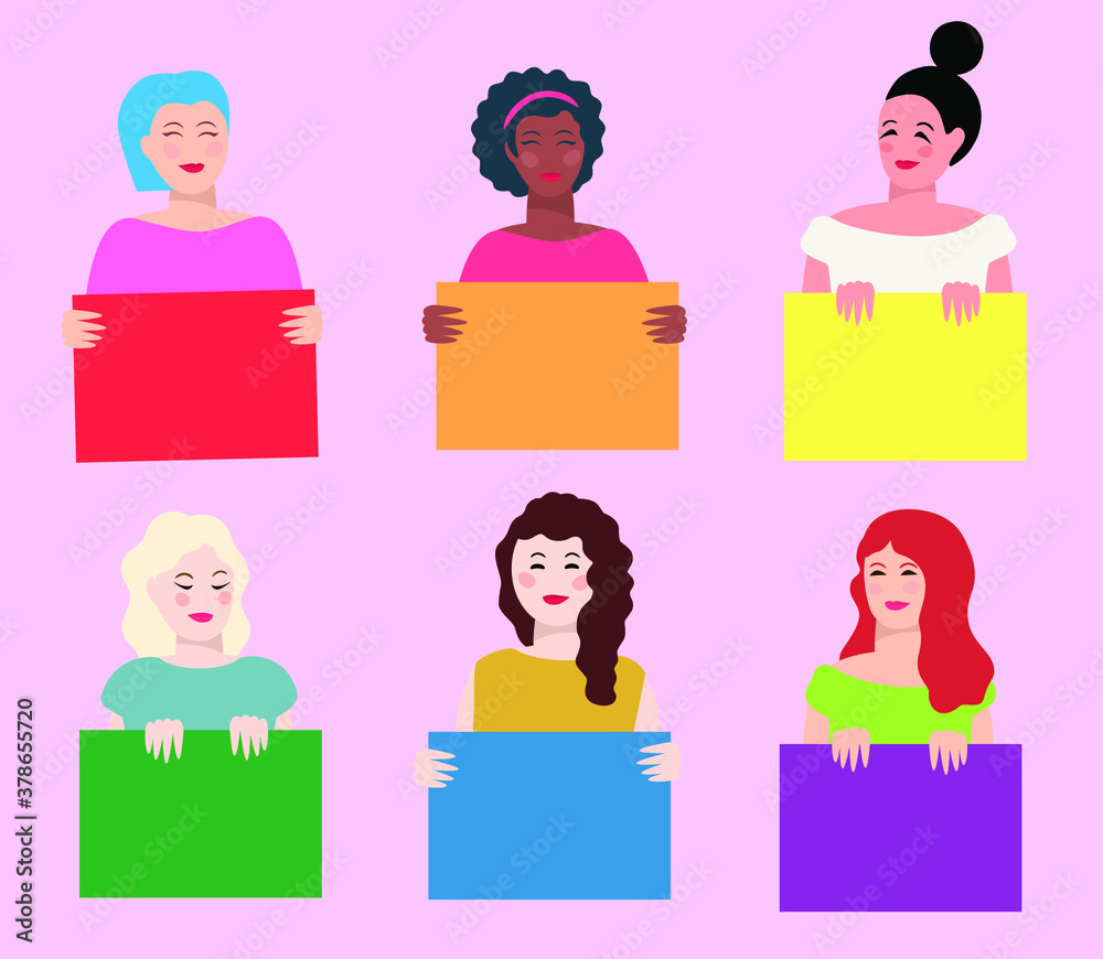 Group of young women holding empty colorful posters. Pride concept. Women faces. Different ethnicity, hair and clothes. Vector illustrations template. Group of young women holding empty colorful posters. Pride concept. Women faces. Different ethnicity, hair and clothes. Vector illustrations template.