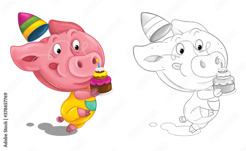 Fototapeta premium cartoon scene with sketch with pig having fun - illustration