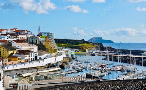City, harbor and ocean, in Angra do Heroismo , Terceira Island, Azores, Portugal