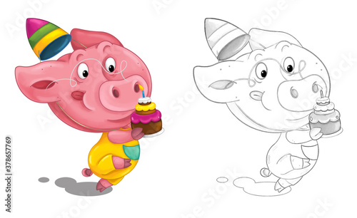 cartoon scene with sketch with pig having fun - illustration