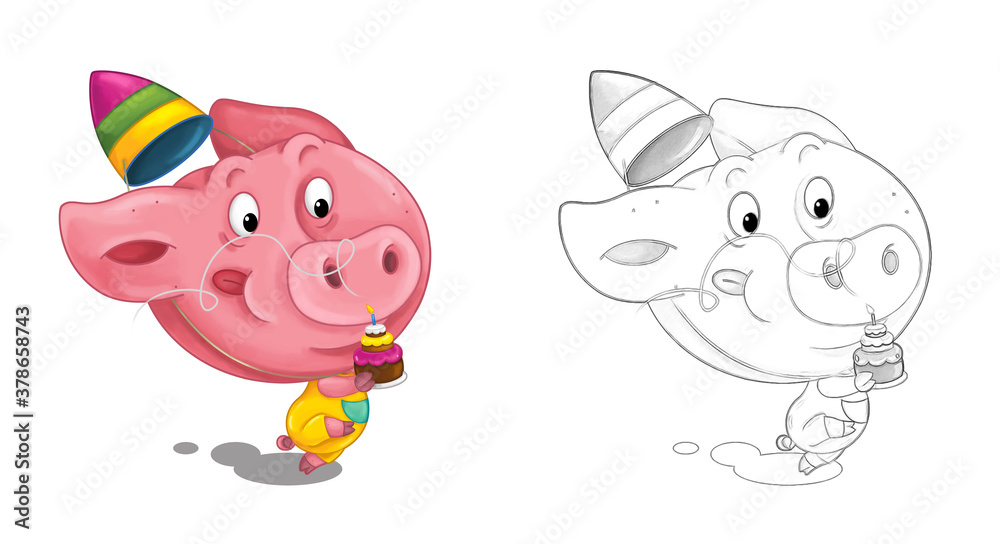 Fototapeta premium cartoon scene with sketch with pig having fun - illustration