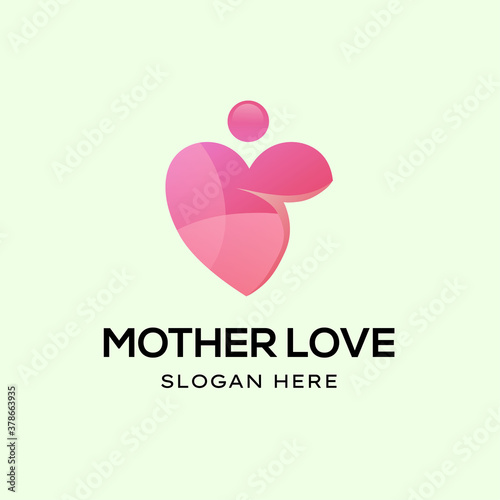 Family love logo, mother and child with heart symbol, kid brand identity
