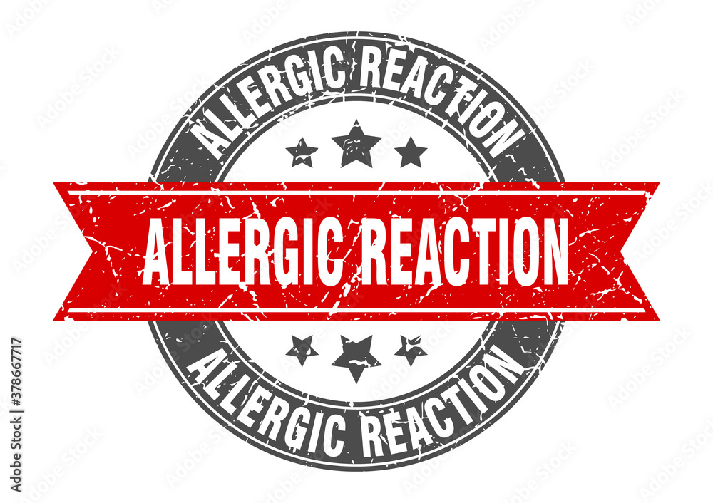 allergic reaction round stamp with ribbon. label sign