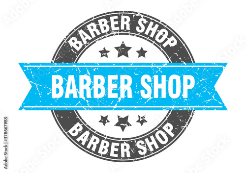 barber shop round stamp with ribbon. label sign
