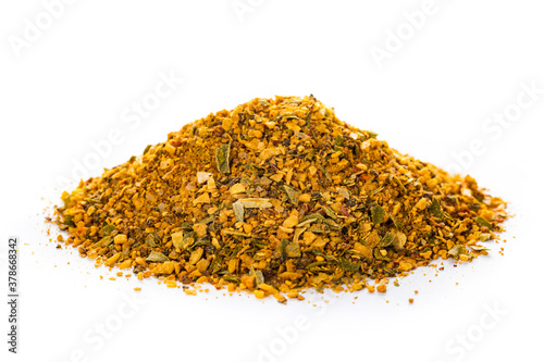 Ginger Citrus Seasoning Spice Macro Isolated on White Background. Selective focus.