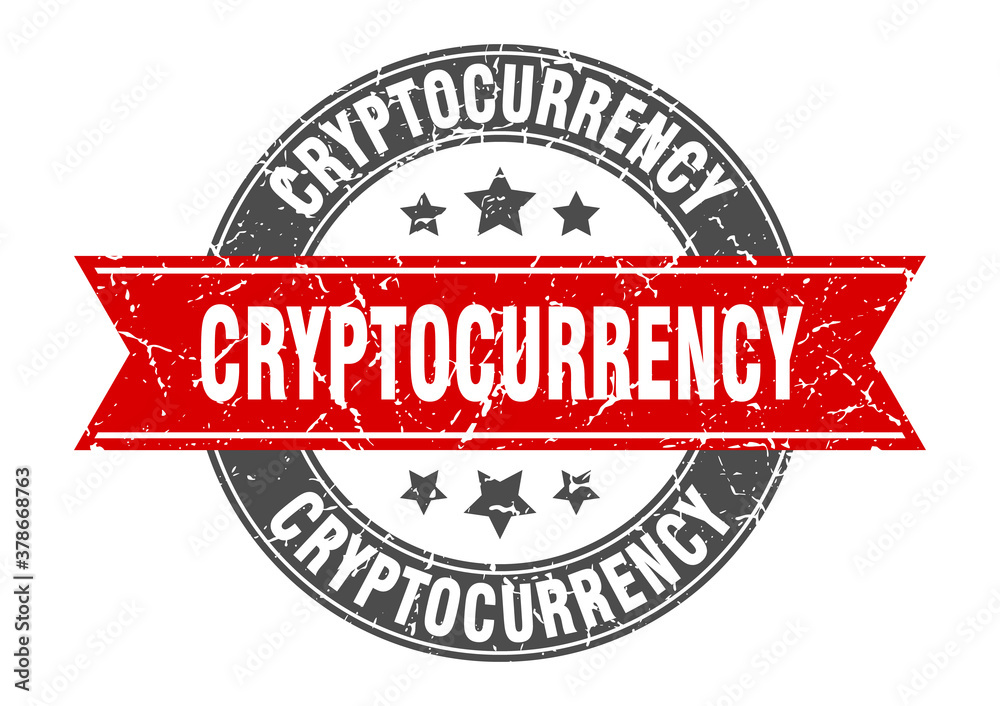 cryptocurrency round stamp with ribbon. label sign