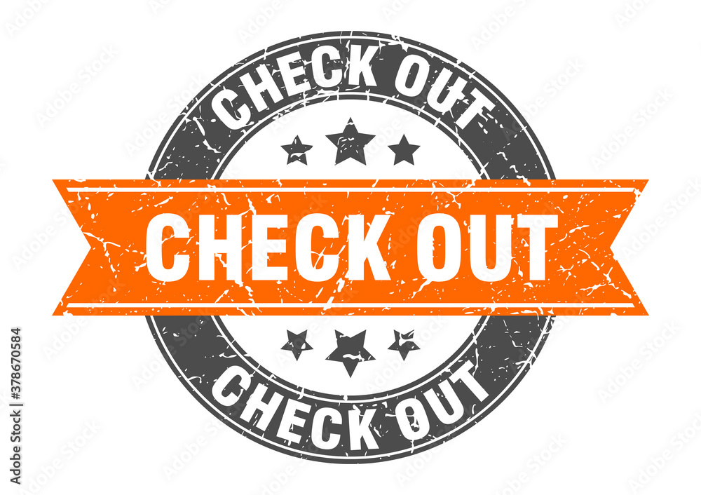 Fototapeta premium check out round stamp with ribbon. label sign